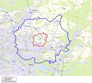 Die MKS- Schutzzone (rot) wurde in Brandenburg aufgehoben, dort gelten nun die Regeln der Überwachungszone (blau) ©MLEUV