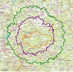 Restriktionsgebiete in NRW: Sperrzone II (violett), Sperrzone I (grün), Kerngebiet (orange) ©FLI/LAVE NRW