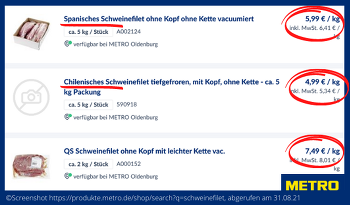 Metro bietet weiterhin chilenisches Schweinefleisch zu deutlich niedrigeren Preisen an. ©Screenshot httpsprodukte.metro.deshopsearchq=schweinefilet, abgerufen am 31.08.21
