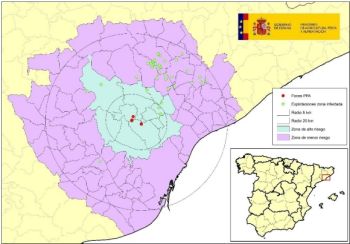 Karte: Lage der ASP-Fundorte (rot) und der schweinehaltenden Betriebe (grün) innerhalb der eingerichteten infizierten Zone ©MAPA/www.mapa.gob.es