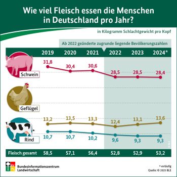 Beim Verzehr lag Schweinefleisch mit 28,4 Kilogramm je Einwohner weiterhin vorn, jedoch mit rund 100 Gramm weniger als 2023 ©BLE