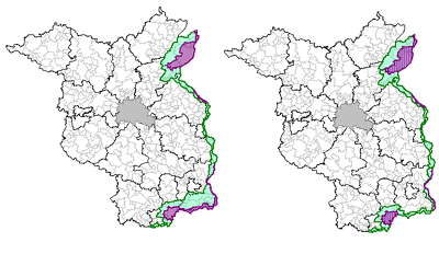 Gebietskulisse der ASP-Sperrzonen in Brandenburg vor (links) und nach Anpassung (rechts) ©MLEUV