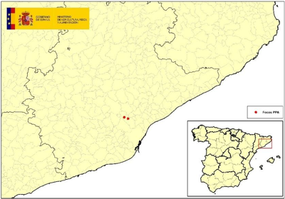 Lage der beiden in Katalonien festgestellten ASP-Fälle bei Wildschweinen (Quelle: MINISTERIO DE AGRICULTURA, PESCA Y ALIMENTACIÓN)