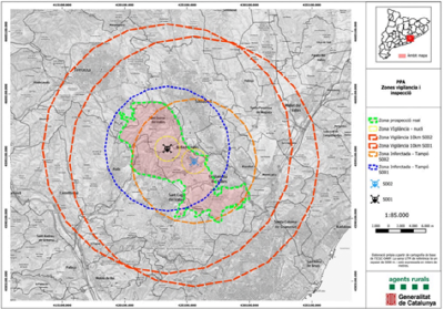 Der Tiergesundheitsdienst hat die Überwachungszone mit einem Radius von 20 km um das Gebiet mit den positiv getesteten Wildschweinen festgelegt (Quelle: Sala de premsa - Govern.cat)